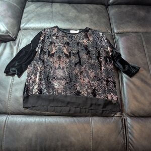 Chico's Velvet Burnout Black And Rose Gold Blouse With Chiffon Trim